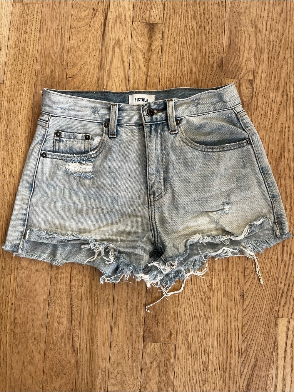 Pistola faded light blue distressed jean shorts